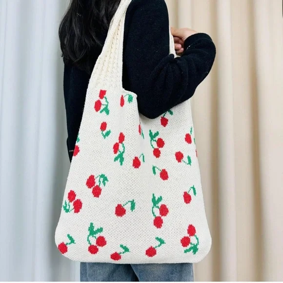 Crotchet Cherry Patterned Cream Tote Bag - Picture 2 of 7